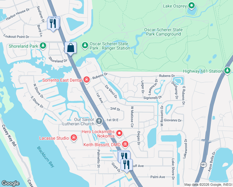 map of restaurants, bars, coffee shops, grocery stores, and more near 141 Da Vinci Drive in Nokomis