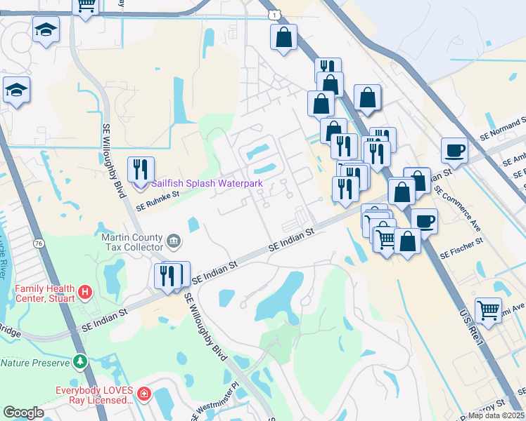 map of restaurants, bars, coffee shops, grocery stores, and more near 3302 Southeast Aster Lane in Stuart