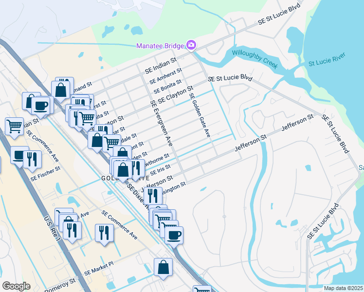 map of restaurants, bars, coffee shops, grocery stores, and more near 3161 Southeast Hawthorne Street in Stuart