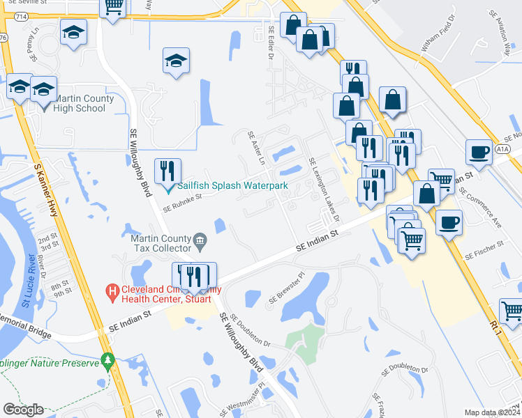 map of restaurants, bars, coffee shops, grocery stores, and more near 1250 Southeast Parkview Place in Stuart