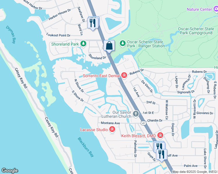 map of restaurants, bars, coffee shops, grocery stores, and more near 5100 Jessie Harbor Drive in Osprey