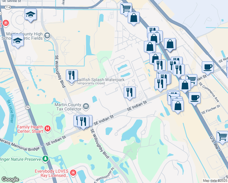 map of restaurants, bars, coffee shops, grocery stores, and more near 1265 Southeast Parkview Place in Stuart
