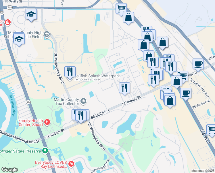 map of restaurants, bars, coffee shops, grocery stores, and more near 1250 Southeast Parkview Place in Stuart