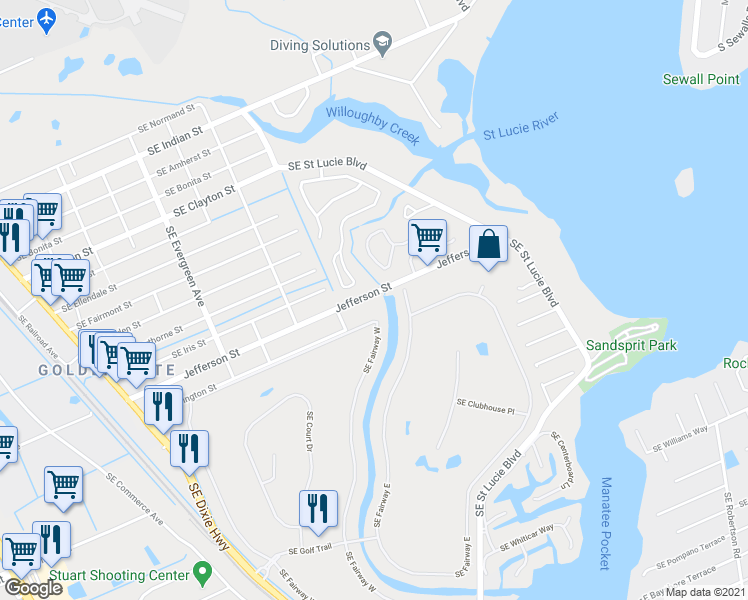 map of restaurants, bars, coffee shops, grocery stores, and more near 3466 Southeast Crooked Creek Court in Stuart