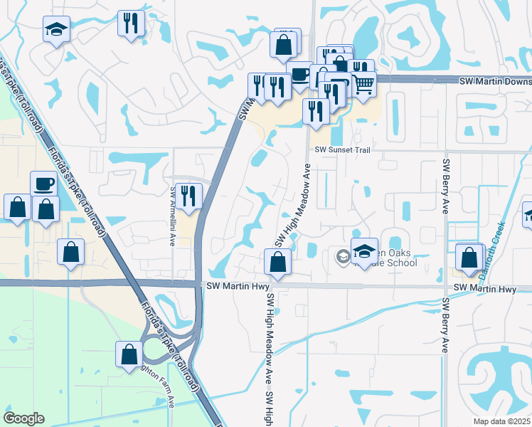 map of restaurants, bars, coffee shops, grocery stores, and more near 3535 Southwest Sunset Trace Circle in Palm City
