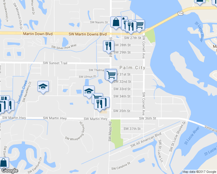 map of restaurants, bars, coffee shops, grocery stores, and more near 3290 Southwest Mapp Road in Palm City