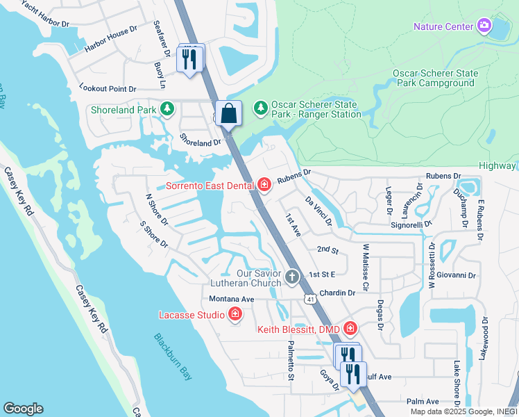 map of restaurants, bars, coffee shops, grocery stores, and more near 2301 Jessie Harbor Drive in Osprey