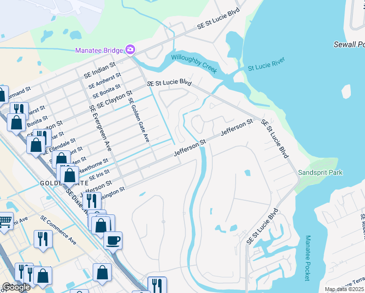 map of restaurants, bars, coffee shops, grocery stores, and more near 3466 Southeast Crooked Creek Court in Stuart