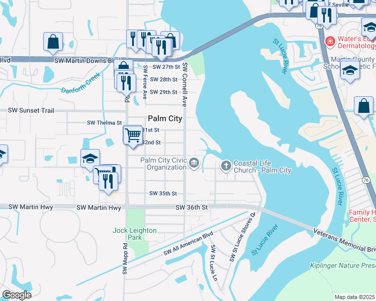 map of restaurants, bars, coffee shops, grocery stores, and more near 778 Southwest 33rd Street in Palm City