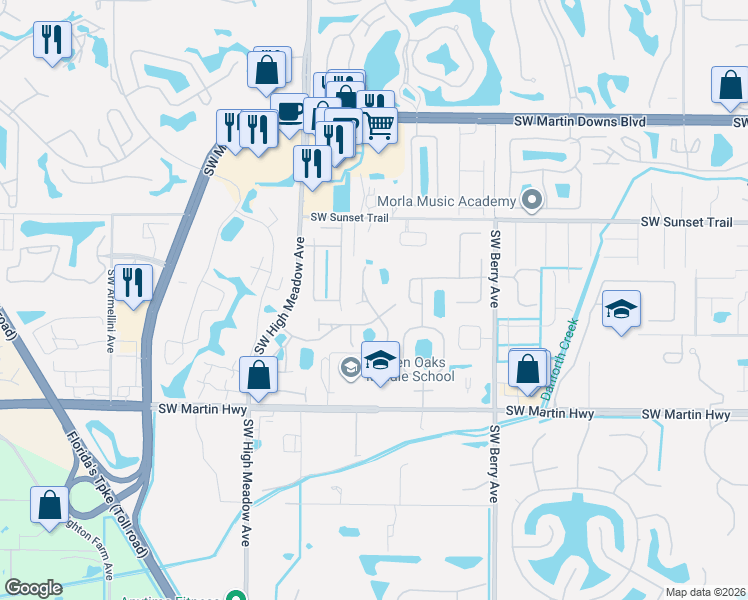 map of restaurants, bars, coffee shops, grocery stores, and more near 3189 Southwest Solitaire Palm Drive in Palm City