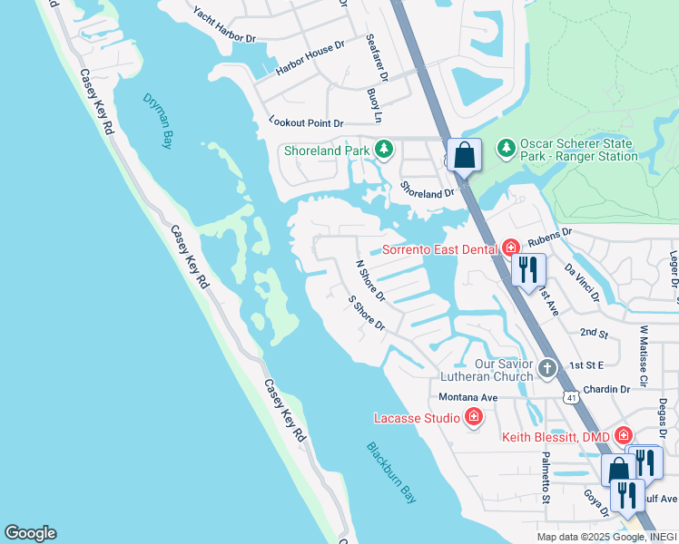 map of restaurants, bars, coffee shops, grocery stores, and more near 458 South Shore Drive in Osprey