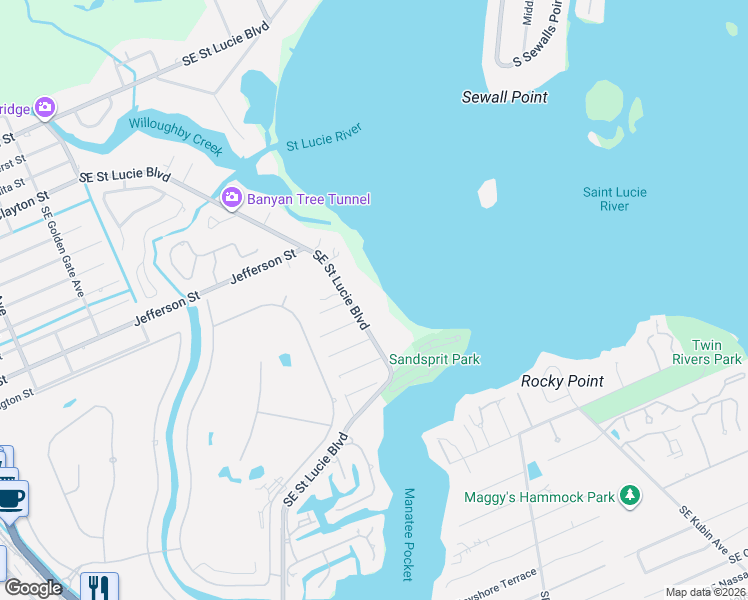 map of restaurants, bars, coffee shops, grocery stores, and more near 3271 Southeast Saint Lucie Boulevard in Stuart