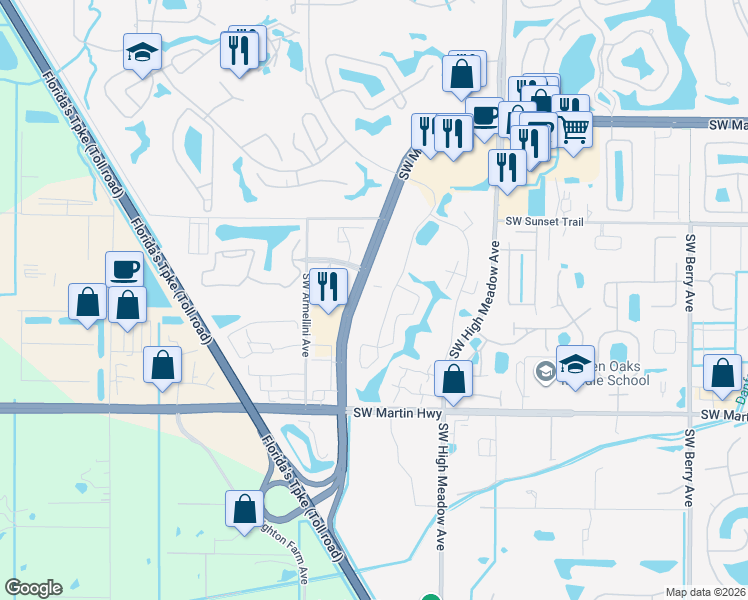 map of restaurants, bars, coffee shops, grocery stores, and more near 3140 Southwest Sunset Trace Circle in Palm City