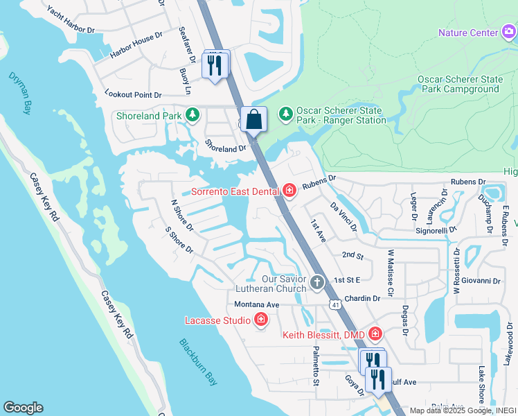 map of restaurants, bars, coffee shops, grocery stores, and more near 7304 Jessie Harbor Drive in Osprey