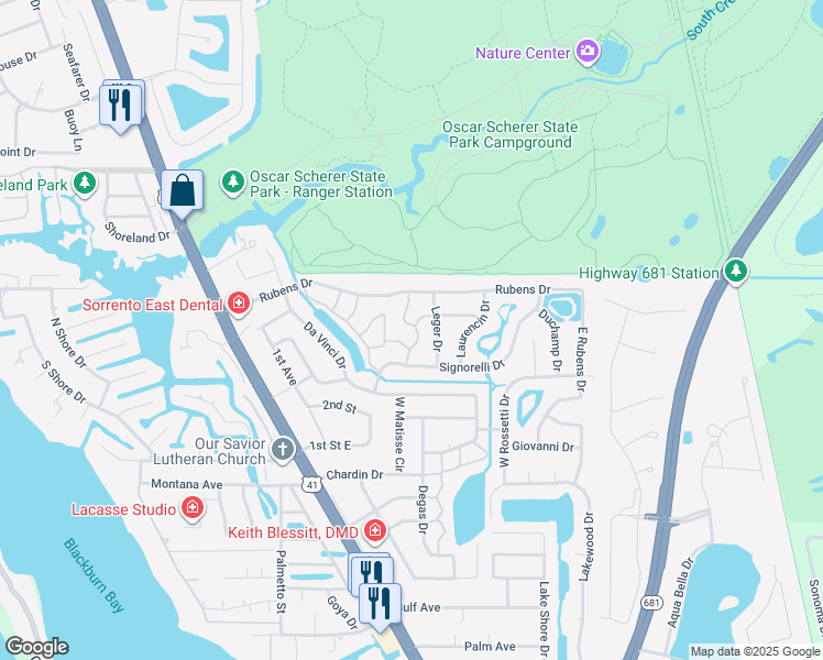 map of restaurants, bars, coffee shops, grocery stores, and more near 640 Verrocchio Drive in Nokomis