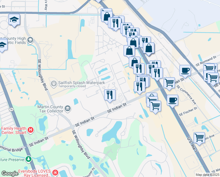 map of restaurants, bars, coffee shops, grocery stores, and more near 3111 Southeast Aster Lane in Stuart