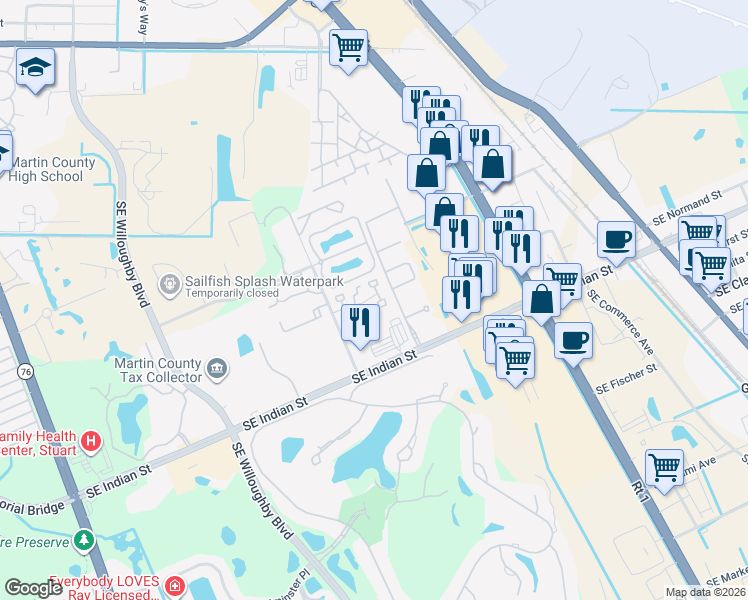 map of restaurants, bars, coffee shops, grocery stores, and more near 3278 Southeast Aster Lane in Stuart