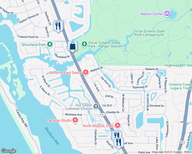 map of restaurants, bars, coffee shops, grocery stores, and more near 110 Corot Drive in Nokomis