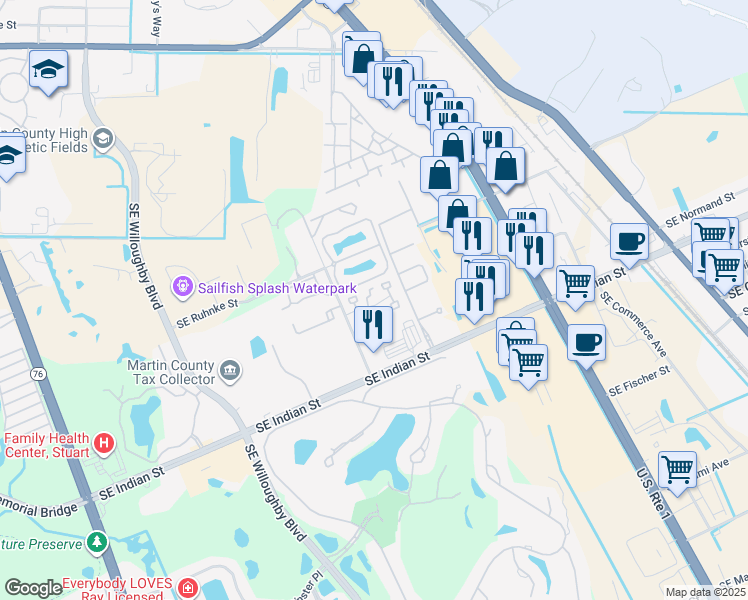 map of restaurants, bars, coffee shops, grocery stores, and more near 3308 Southeast Aster Lane in Stuart