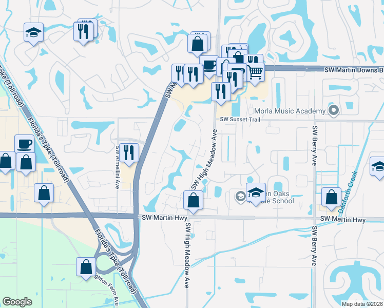 map of restaurants, bars, coffee shops, grocery stores, and more near 3601 Southwest Sunset Trace Circle in Palm City