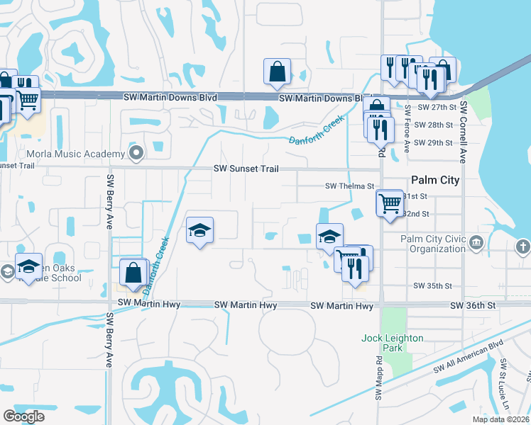 map of restaurants, bars, coffee shops, grocery stores, and more near 1757 Southwest 31st Terrace in Palm City