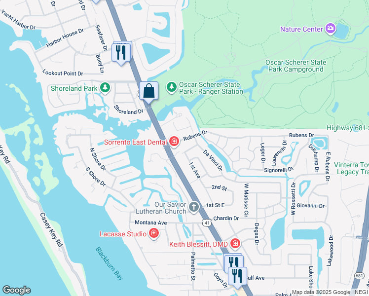 map of restaurants, bars, coffee shops, grocery stores, and more near 108 Rubens Drive in Nokomis