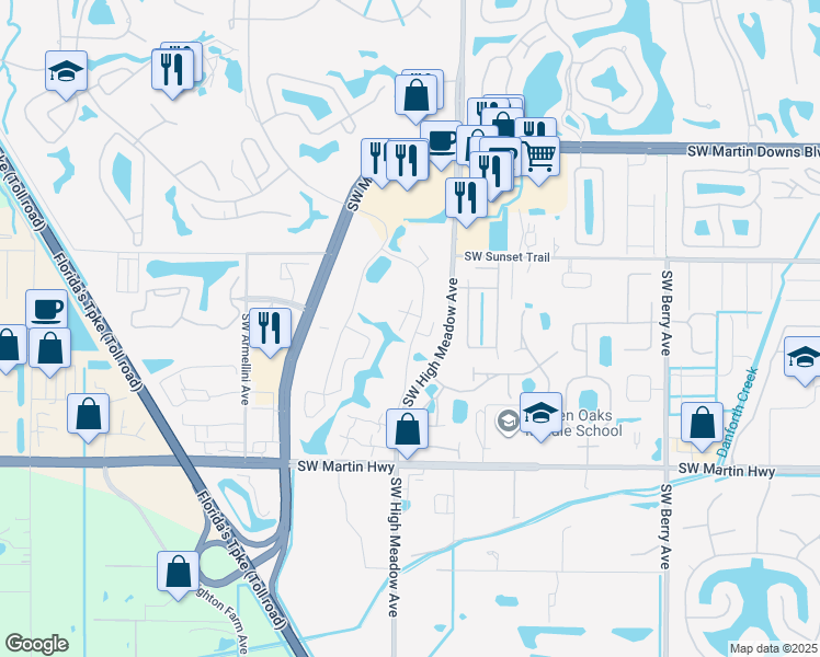 map of restaurants, bars, coffee shops, grocery stores, and more near 3567 Southwest Sunset Trace Circle in Palm City
