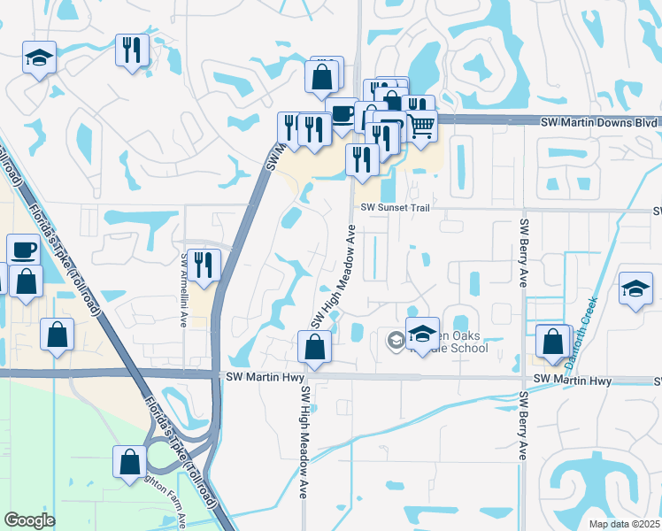 map of restaurants, bars, coffee shops, grocery stores, and more near 3602 Southwest Sunset Trace Circle in Palm City