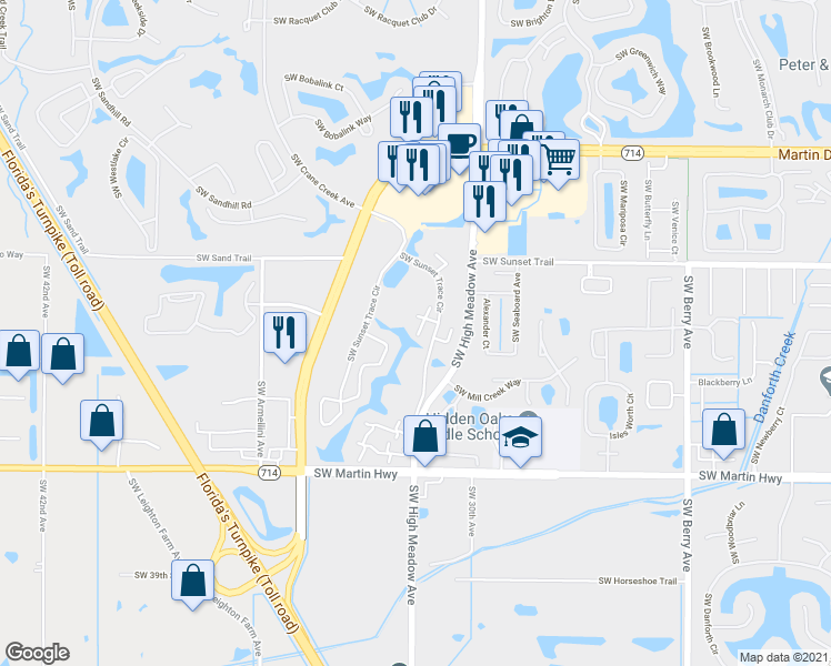 map of restaurants, bars, coffee shops, grocery stores, and more near 3587 Southwest Sunset Trace Circle in Palm City