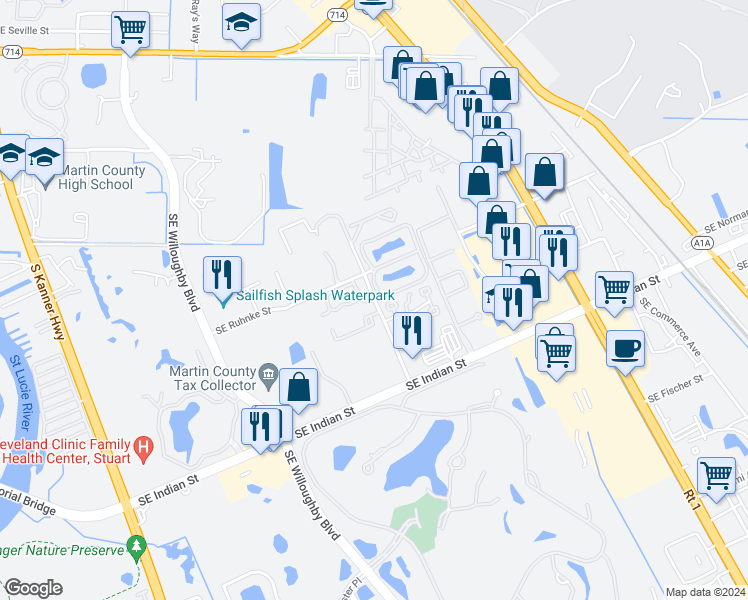 map of restaurants, bars, coffee shops, grocery stores, and more near 3292 Southeast Aster Lane in Stuart