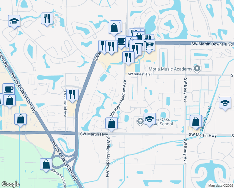 map of restaurants, bars, coffee shops, grocery stores, and more near 3622 Southwest Sunset Trace Circle in Palm City