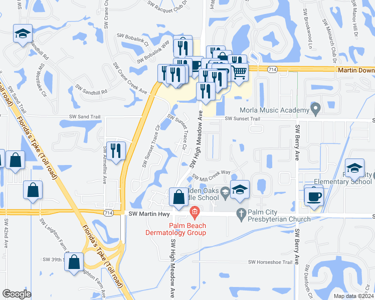 map of restaurants, bars, coffee shops, grocery stores, and more near 3622 Southwest Sunset Trace Circle in Palm City