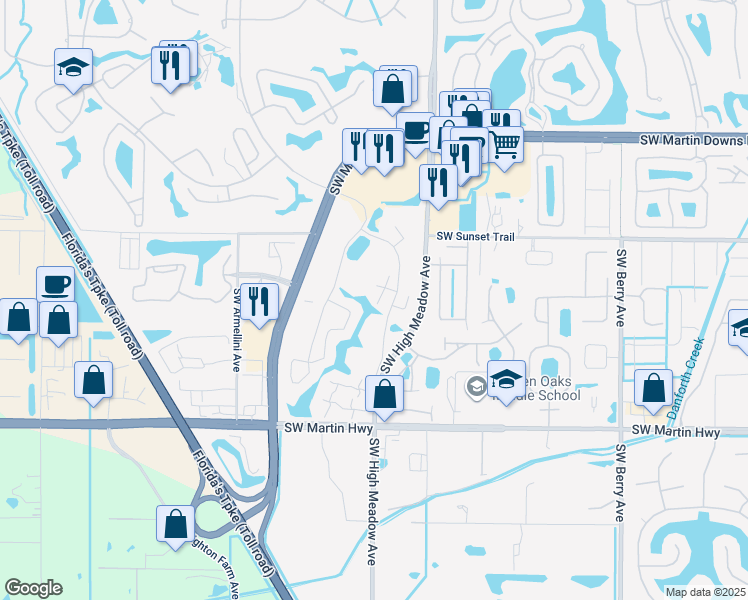 map of restaurants, bars, coffee shops, grocery stores, and more near 3601 Southwest Sunset Trace Circle in Palm City