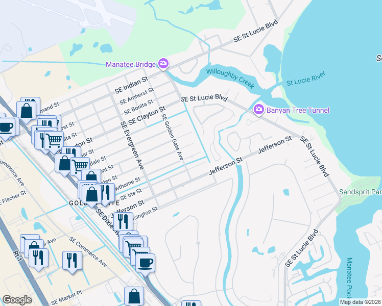 map of restaurants, bars, coffee shops, grocery stores, and more near 3403 Southeast Hawthorne Street in Stuart