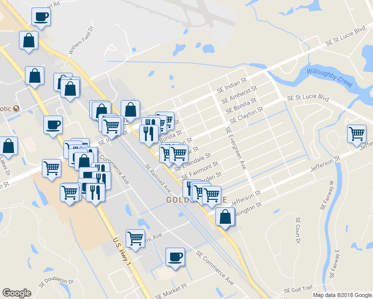map of restaurants, bars, coffee shops, grocery stores, and more near 2697 Southeast Delmar Street in Stuart