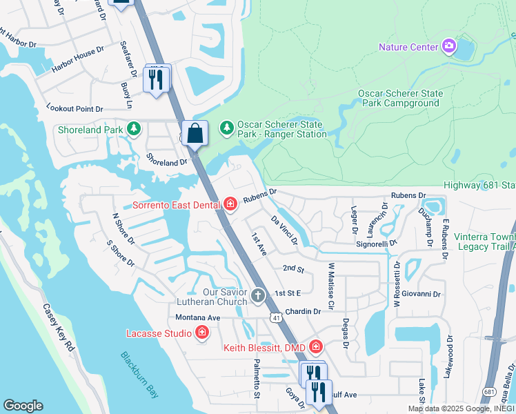 map of restaurants, bars, coffee shops, grocery stores, and more near 108 Rubens Drive in Nokomis