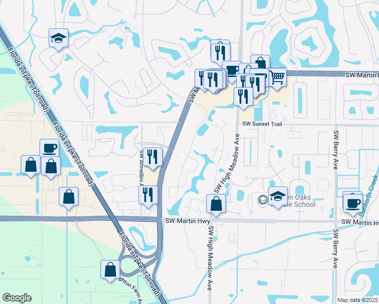 map of restaurants, bars, coffee shops, grocery stores, and more near Southwest Sunset Trace Circle in Palm City