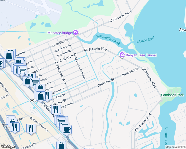 map of restaurants, bars, coffee shops, grocery stores, and more near 3403 Southeast Hawthorne Street in Stuart
