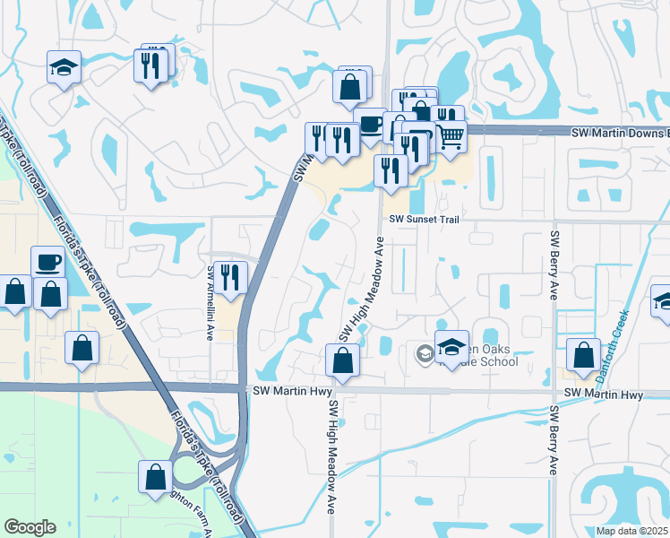 map of restaurants, bars, coffee shops, grocery stores, and more near 3591 Southwest Sunset Trace Circle in Palm City