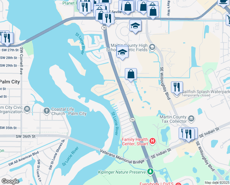 map of restaurants, bars, coffee shops, grocery stores, and more near 43 Southwest Watercress Way in Stuart