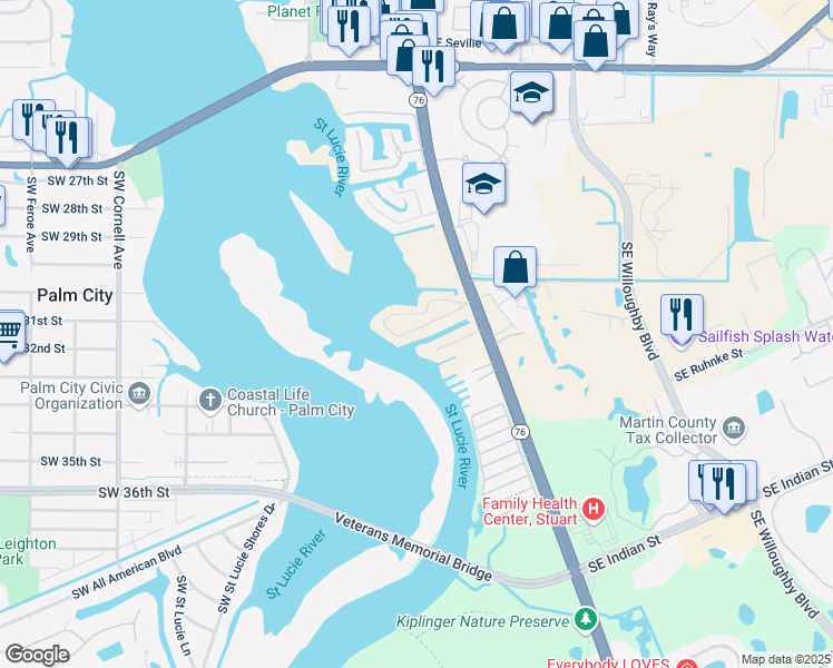 map of restaurants, bars, coffee shops, grocery stores, and more near 86 Southwest Cabana Point Circle in Stuart
