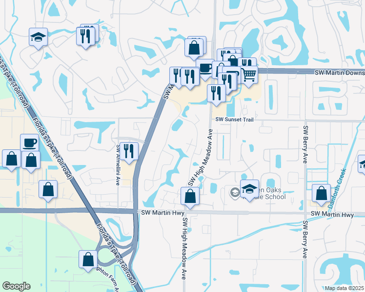 map of restaurants, bars, coffee shops, grocery stores, and more near 3599 Southwest Sunset Trace Circle in Palm City