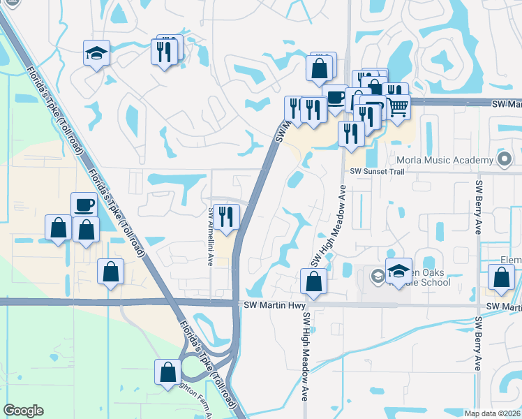 map of restaurants, bars, coffee shops, grocery stores, and more near 3078 Southwest Sunset Trace Circle in Palm City
