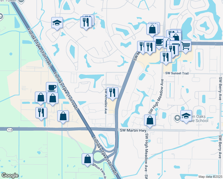 map of restaurants, bars, coffee shops, grocery stores, and more near 3550 Southwest Corporate Parkway in Palm City