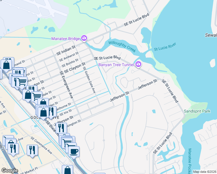 map of restaurants, bars, coffee shops, grocery stores, and more near 3075 Southeast Glasgow Drive in Stuart