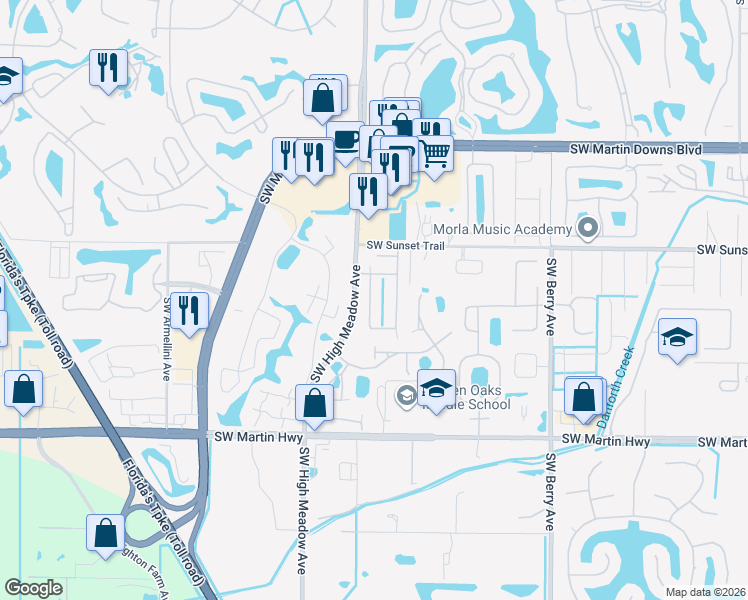 map of restaurants, bars, coffee shops, grocery stores, and more near 3157 Alexander Court in Palm City