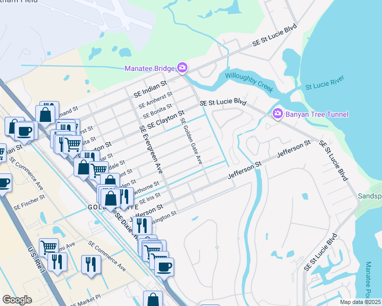 map of restaurants, bars, coffee shops, grocery stores, and more near 3299 Southeast Garden Street in Stuart