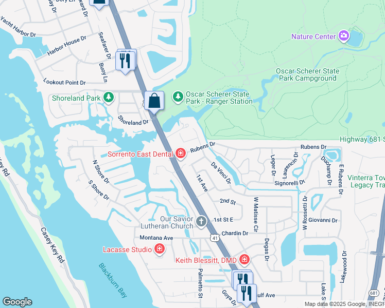 map of restaurants, bars, coffee shops, grocery stores, and more near 108 Rubens Drive in Nokomis