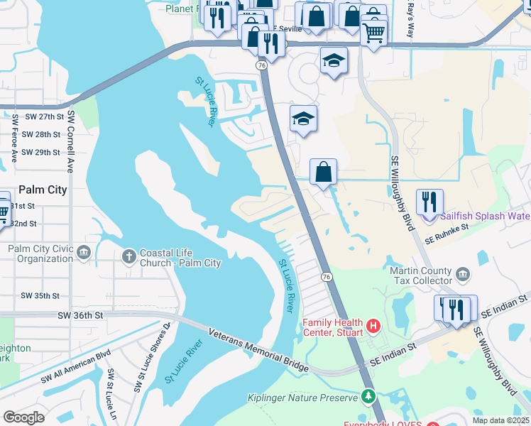 map of restaurants, bars, coffee shops, grocery stores, and more near 86 Southwest Cabana Point Circle in Stuart
