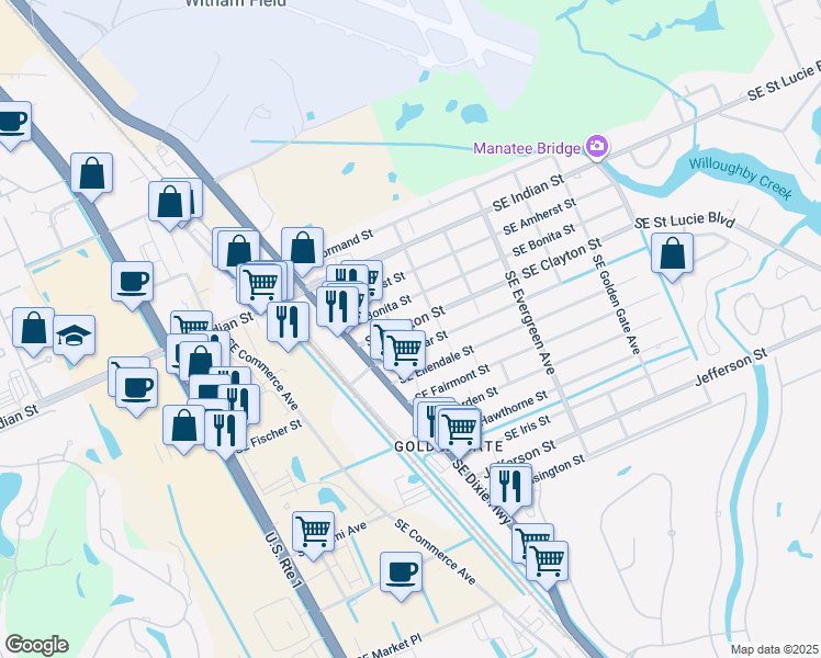 map of restaurants, bars, coffee shops, grocery stores, and more near 2697 Southeast Delmar Street in Stuart